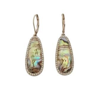 Abalone Stone Oval Drop Dangle Gold Tone Rhinestone Pierced Earrings
